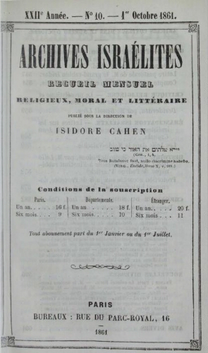 Archives israélites de France. Vol.22 N°10 (octobre 1861)